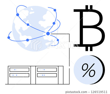 Networked globe connected by dots, Bitcoin symbol, data servers, and percentage icon. Ideal for cryptocurrency, blockchain technology, global finance, data storage, digital transactions, fintech 126519511