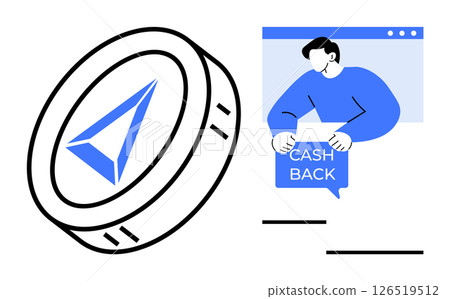 Large coin with digital-themed logo next to a person emerging from a webpage holding a sign reading CASH BACK. Ideal for fintech, online rewards, cryptocurrency, e-commerce, digital economics Large coin with digital-themed logo next to a person emerging from a webpage holding a sign reading CASH BACK. Ideal for fintech, online rewards, cryptocurrency, e-commerce, digital economics 126519512