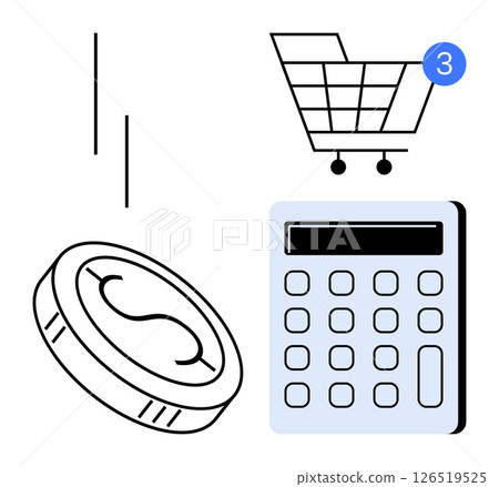 Coin in mid-air, shopping cart with three notifications, and calculator. Ideal for e-commerce, online shopping, financial planning, budgeting, cost analysis, retail management, and digital 126519525