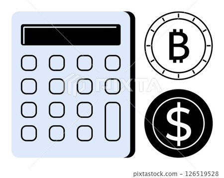 Calculator with buttons and screen, Bitcoin and Dollar currency symbols. Ideal for financial planning, cryptocurrency calculations, accounting, budgeting, fintech, economic education, and digital 126519528
