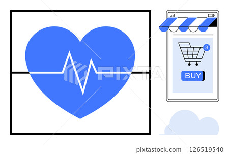 Blue heart with heartbeat line monitor next to smartphone displaying online store shopping cart icon and buy button notification. Ideal for online shopping e-commerce health fitness mobile apps 126519540