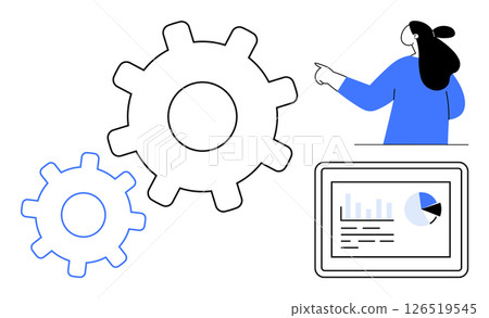 Woman pointing at graph on screen two large gear icons. Ideal for business and technology teamwork presentations workflow diagrams process optimization project management and data analytics. Clean 126519545