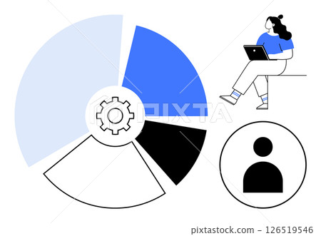 Businesswoman sitting with laptop analyzing pie chart. Gear symbol indicating productivity. Person icon representing user or customer. Ideal for data analysis, business strategy, productivity 126519546