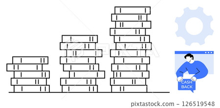 Stacks of coins in ascending order and a person holding a cash-back card. Ideal for finance, savings, investment, financial growth, and rewards programs. Simple modern style 126519548
