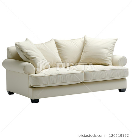 Luxurious cream sofa with plush cushions and deep seating for comfort Luxurious cream sofa with plush cushions and deep seating for comfort 126519552