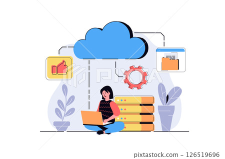 Cloud computing web concept with cartoon people design. Woman processing information and files at laptops using cloud storage and data backup. Flat illustration isolated on white background. Cloud computing web concept with cartoon people design. Woman processing information and files at laptops using cloud storage and data backup. Flat illustration isolated on white background. 126519696