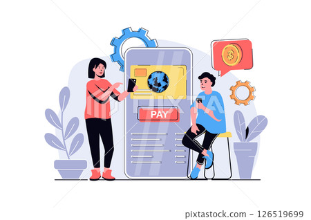 Online payment web concept with cartoon people design. Man and woman paying purchases with credit card, sending money in mobile banking app. Flat illustration isolated on white background. Online payment web concept with cartoon people design. Man and woman paying purchases with credit card, sending money in mobile banking app. Flat illustration isolated on white background. 126519699