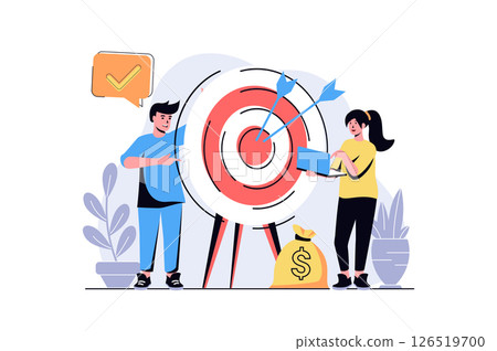 Business target web concept with cartoon people design. Woman and man aiming at target, hit in bullseye, achieve goals, get progress and profit. Flat illustration isolated on white background. 126519700