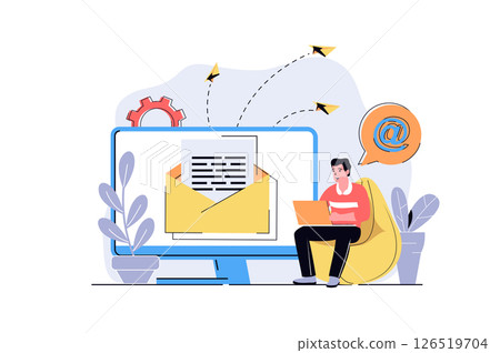 Email marketing web concept with cartoon people design. Man sending letters with business promotion information to clients, making promo mailing. Flat illustration isolated on white background. Email marketing web concept with cartoon people design. Man sending letters with business promotion information to clients, making promo mailing. Flat illustration isolated on white background. 126519704