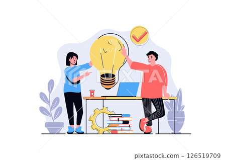 Teamwork web concept with cartoon people design. Man and woman brainstorming, generating ideas and solutions, collaboration and cooperation. Flat illustration isolated on white background. Teamwork web concept with cartoon people design. Man and woman brainstorming, generating ideas and solutions, collaboration and cooperation. Flat illustration isolated on white background. 126519709