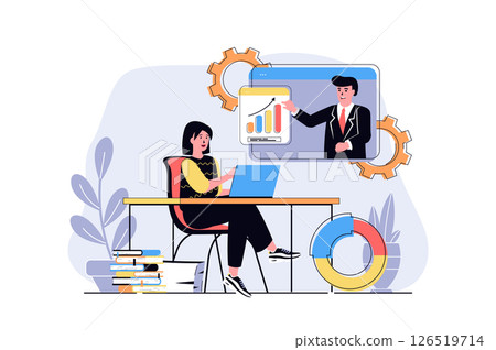 Business webinar web concept with cartoon people design. Woman learning at online training with business coach with data analysis seminar. Flat illustration isolated on white background. 126519714