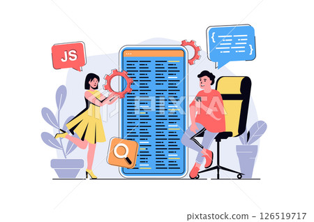 App development web concept with cartoon people design. Man and woman creating mobile interface layout, prototyping and programming at screen. Flat illustration isolated on white background. App development web concept with cartoon people design. Man and woman creating mobile interface layout, prototyping and programming at screen. Flat illustration isolated on white background. 126519717