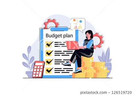 Planning financial budget web concept with cartoon people design. Woman calculating money, making financial analysis, planning with checklist. Flat illustration isolated on white background. 126519720