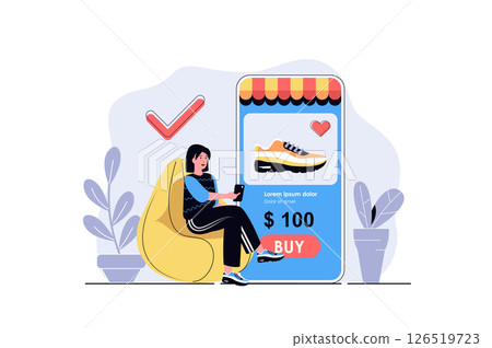Online shopping web concept with cartoon people design. Woman choosing new shoes, making purchases at discount prices, ordering goods in app. Flat illustration isolated on white background. Online shopping web concept with cartoon people design. Woman choosing new shoes, making purchases at discount prices, ordering goods in app. Flat illustration isolated on white background. 126519723