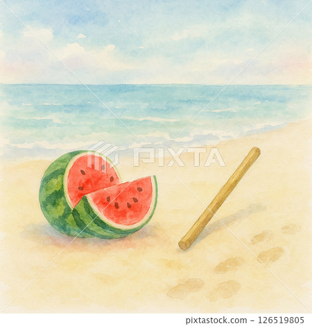 Watermelon splitting and summer beach watercolor background 126519805