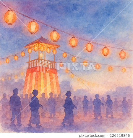 Bon Odori Yagura & Lanterns Watercolor Background 126519846