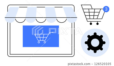 Digital storefront with awning, shopping cart icons, and settings gear. Ideal for e-commerce platforms, online retail, digital marketing, basket management, app development, user experience Digital storefront with awning, shopping cart icons, and settings gear. Ideal for e-commerce platforms, online retail, digital marketing, basket management, app development, user experience 126520105