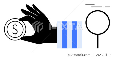 Hand holding a coin with dollar sign, magnifying glass, and bar graph with vertical lines. Ideal for business finance, investment, data search, financial analysis, market research, economic studies 126520108
