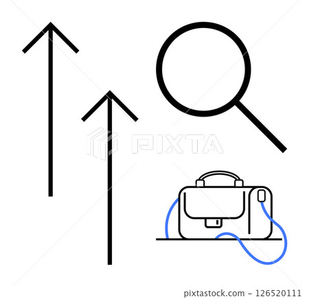 Upward arrows indicating growth, magnifying glass representing search or focus, and a briefcase symbolizing business or work. Ideal for business strategy, career advancement, market analysis 126520111