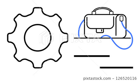 Gear symbol next to a business briefcase with blue strap, lines below. Ideal for business, productivity, management, efficiency, corporate identity, work-life balance, and professional services. Line Gear symbol next to a business briefcase with blue strap, lines below. Ideal for business, productivity, management, efficiency, corporate identity, work-life balance, and professional services. Line 126520116