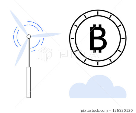 Wind turbine generating power next to Bitcoin symbol and cloud, symbolizing eco-friendly cryptocurrency. Ideal for renewable energy, blockchain, technology, environmental themes, sustainable finance 126520120