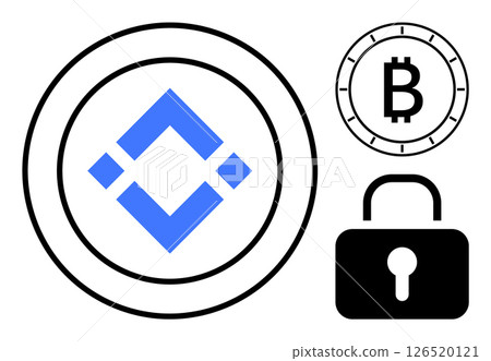 Blue and white cryptocurrency exchange emblem, Bitcoin symbol inside a circle, and padlock icon signifying security. Ideal for digital currency, online transactions, cybersecurity, fintech Blue and white cryptocurrency exchange emblem, Bitcoin symbol inside a circle, and padlock icon signifying security. Ideal for digital currency, online transactions, cybersecurity, fintech 126520121