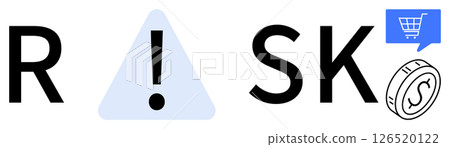 RISK spelled with letters and a warning triangle, shopping cart icon, and coin symbol. Ideal for finance, e-commerce, business strategy, online transactions, risk management, financial planning 126520122