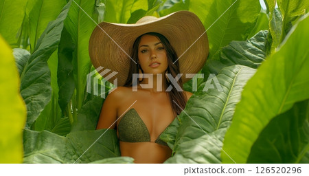 A woman in a large hat surrounded by vibrant green leaves, highlighting beauty and nature 126520296