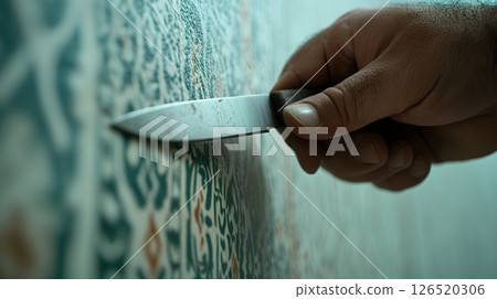 Close up of a hand using a knife to scrape intricate textures on a wall, focusing on detail and craftsmanship 126520306