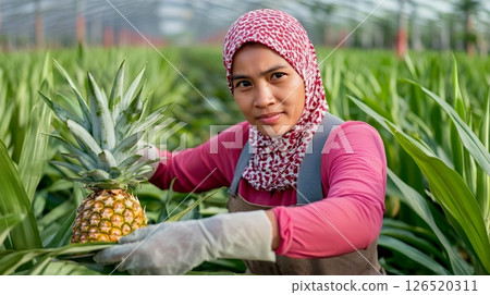 Woman in a hijab holding a fresh pineapple in a lush greenhouse, symbolizing growth and agriculture 126520311