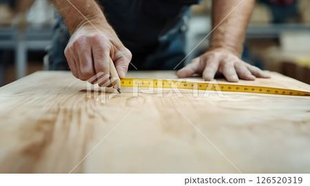 Close up of a carpenter's hands measuring wood with a tape measure, showcasing craftsmanship 126520319