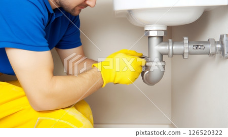A plumber in yellow gloves and blue uniform repairing a pipe under a sink, showcasing professional plumbing skills 126520322