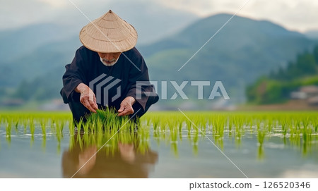Elderly farmer planting rice seedlings in a flooded field, set against scenic mountains Elderly farmer planting rice seedlings in a flooded field, set against scenic mountains 126520346