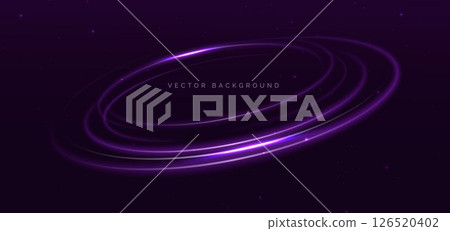 Purple neon glowing rings with lighting effect sparkle on dark purple background. 126520402