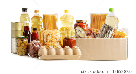 Foodstuffs in donation box isolated on white background for volunteer to help people. 126520732