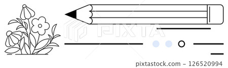 Pencil sketch featuring flowers on the left and a sharp pencil on the right with three colored dots and abstract lines in between. Ideal for art tutorials, education, creativity, design, stationery 126520994