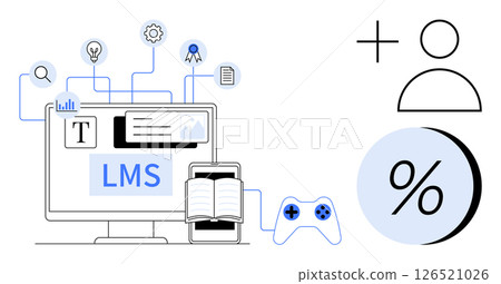LMS on computer screen and tablet, icons for text, settings, documents, search, awards, gaming and statistics. Ideal for education, training online courses, digital learning, usability, interactive 126521026