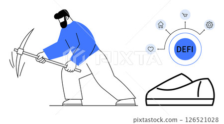 Man wielding a pickaxe in mining motion, DeFi Decentralized Finance hub with connected icons for home, shopping, gear, and heart. Ideal for cryptocurrency, blockchain, finance, technology Man wielding a pickaxe in mining motion, DeFi Decentralized Finance hub with connected icons for home, shopping, gear, and heart. Ideal for cryptocurrency, blockchain, finance, technology 126521028