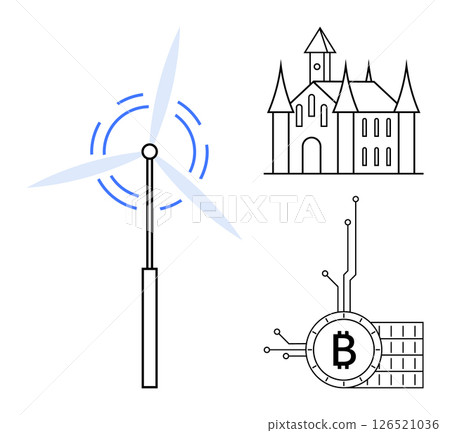 Wind turbine on left, castle at top right, and Bitcoin symbol at bottom right illustrate renewable energy, traditional architecture, and cryptocurrency technology. Ideal for sustainability Wind turbine on left, castle at top right, and Bitcoin symbol at bottom right illustrate renewable energy, traditional architecture, and cryptocurrency technology. Ideal for sustainability 126521036