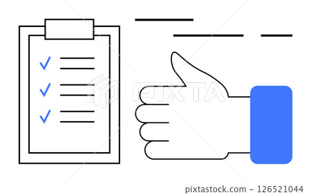Checklist on clipboard with three blue check marks and large thumbs up symbol. Ideal for productivity, approvals, project management, success, completion, business processes, task tracking. Banner 126521044