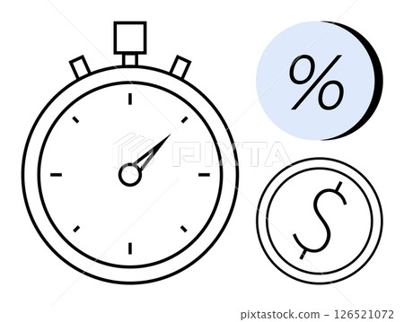 Stopwatch indicating time management beside dollar sign and percentage symbol. Ideal for financial planning, business strategy, time efficiency, investment analysis, project management, budgeting 126521072