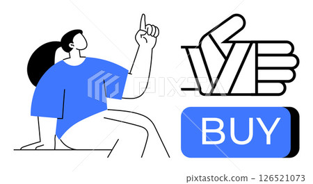 Woman pointing towards thumbs-up symbol and buy button. Ideal for marketing, advertising, e-commerce, online shopping, consumer behavior, promotional materials, digital campaigns. Line metaphor 126521073