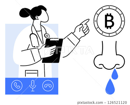 Doctor with clipboard conducting video consultation. Displays Bitcoin symbol, runny nose, phone, microphone icons. Ideal for telemedicine, cryptocurrency, healthcare, remote diagnostics, blockchain 126521120