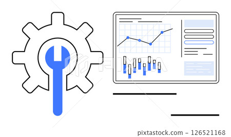 Gear with wrench symbol beside a monitor displaying data charts and graphs. Ideal for data analysis, technical support, IT services, data analytics, technology management, business solutions Gear with wrench symbol beside a monitor displaying data charts and graphs. Ideal for data analysis, technical support, IT services, data analytics, technology management, business solutions 126521168