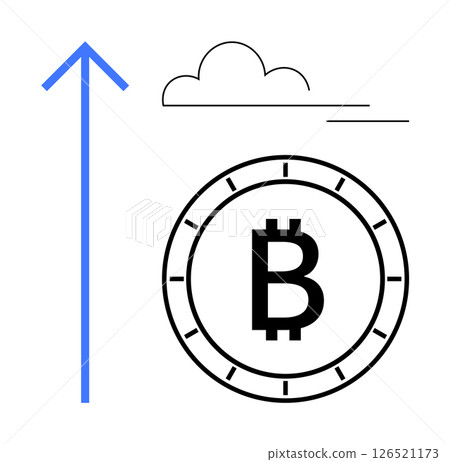 Bitcoin symbol inside a circular outline with large upward blue arrow and a cloud above. Ideal for financial growth, cryptocurrency potential, market trends, investment, blockchain technology Bitcoin symbol inside a circular outline with large upward blue arrow and a cloud above. Ideal for financial growth, cryptocurrency potential, market trends, investment, blockchain technology 126521173