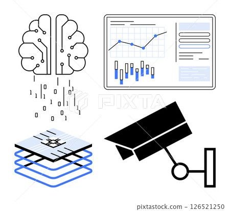 Artificial intelligence brain with binary code, data analysis graph on screen, layered tech stack, and surveillance camera. Ideal for AI research, data science, cybersecurity, technology Artificial intelligence brain with binary code, data analysis graph on screen, layered tech stack, and surveillance camera. Ideal for AI research, data science, cybersecurity, technology 126521250