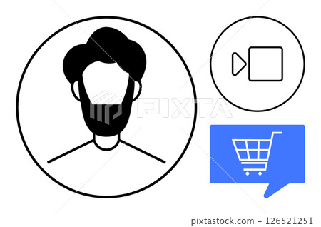 Simple outline of a person within a circle, video call icon, and blue shopping cart symbol in a speech bubble. Ideal for digital communication, social media, e-commerce, online meetings, virtual Simple outline of a person within a circle, video call icon, and blue shopping cart symbol in a speech bubble. Ideal for digital communication, social media, e-commerce, online meetings, virtual 126521251