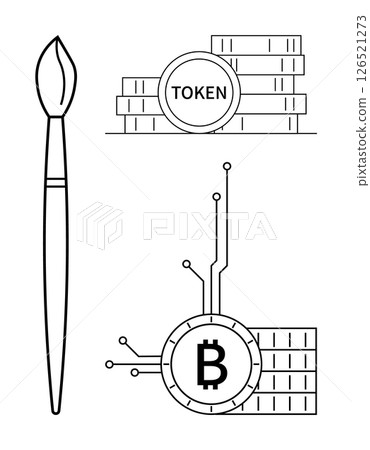 Brush beside stack of token coins and Bitcoin symbol connected to circuits. Ideal for cryptocurrency, digital art, blockchain, fintech, modern economy. Simple outline style Brush beside stack of token coins and Bitcoin symbol connected to circuits. Ideal for cryptocurrency, digital art, blockchain, fintech, modern economy. Simple outline style 126521273