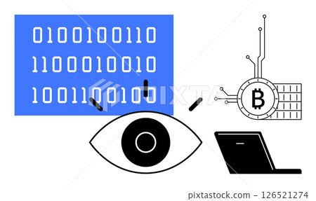 Digital symbols including a blue panel with binary code an eye a Bitcoin symbol connected to circuits and a laptop. Ideal for technology financial cybersecurity coding blockchain and cryptocurrency Digital symbols including a blue panel with binary code an eye a Bitcoin symbol connected to circuits and a laptop. Ideal for technology financial cybersecurity coding blockchain and cryptocurrency 126521274