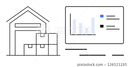 Warehouse icon with stacked boxes beside a screen showing a bar graph and bullet points. Ideal for logistics, shipping, supply chain, inventory management, e-commerce, business analytics, operational Warehouse icon with stacked boxes beside a screen showing a bar graph and bullet points. Ideal for logistics, shipping, supply chain, inventory management, e-commerce, business analytics, operational 126521285